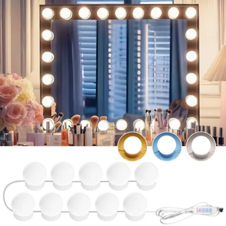 LED Vanity Lights for Mirror, Consciot Hollywood Style with Dimmable Bulbs, Adjustable Color and Brightness, USB Cable, Stick o