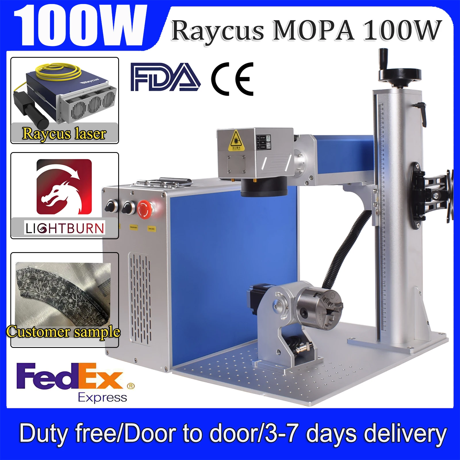 Raycus MOPA 100W Fiber Laser Marking Machine 175x175mm Color marking Laser engraving for Metal Logo with Rotary Axis