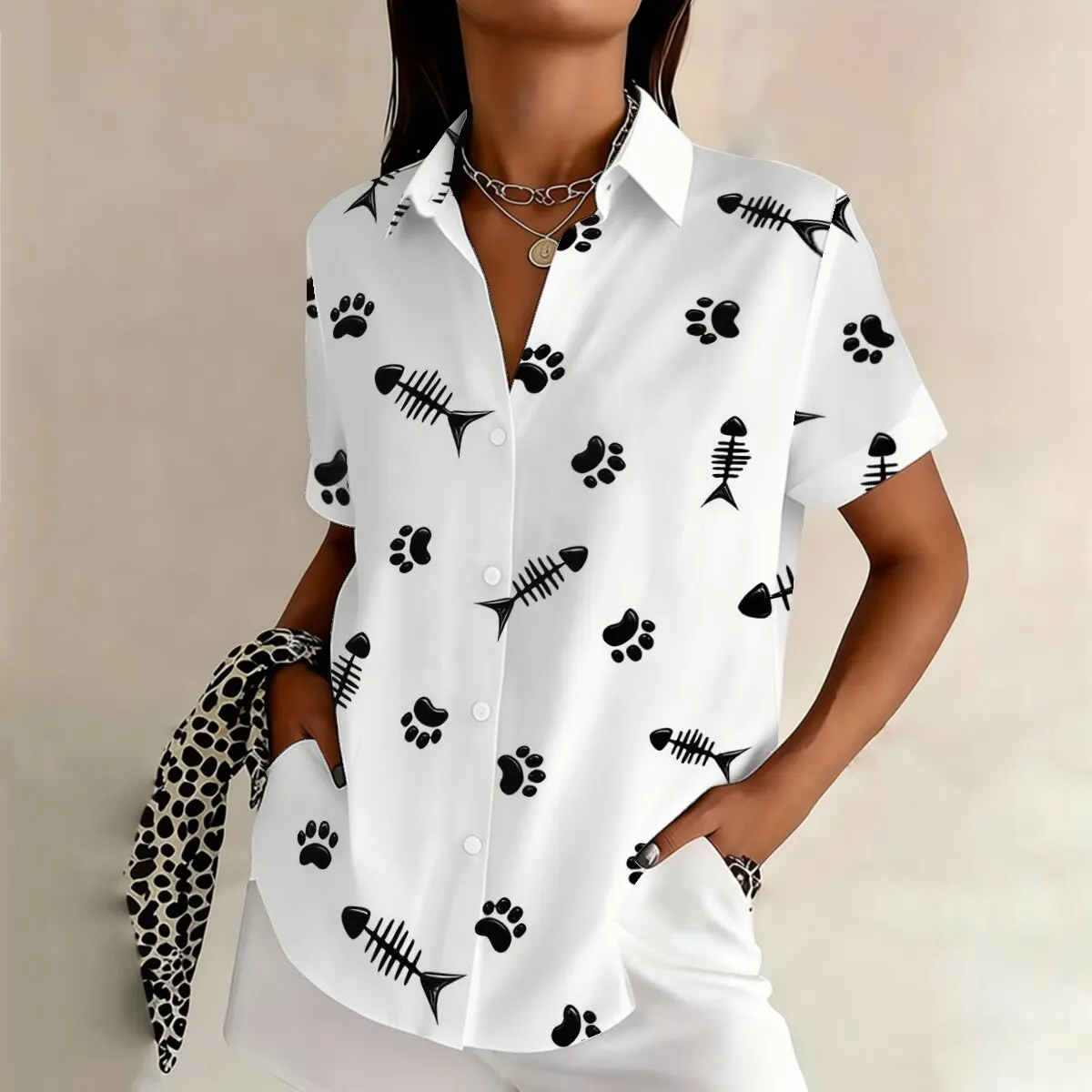 

Minimally personalized claw print fishbone print women's summer collar short sleeved shirt fashionable daily versatile top