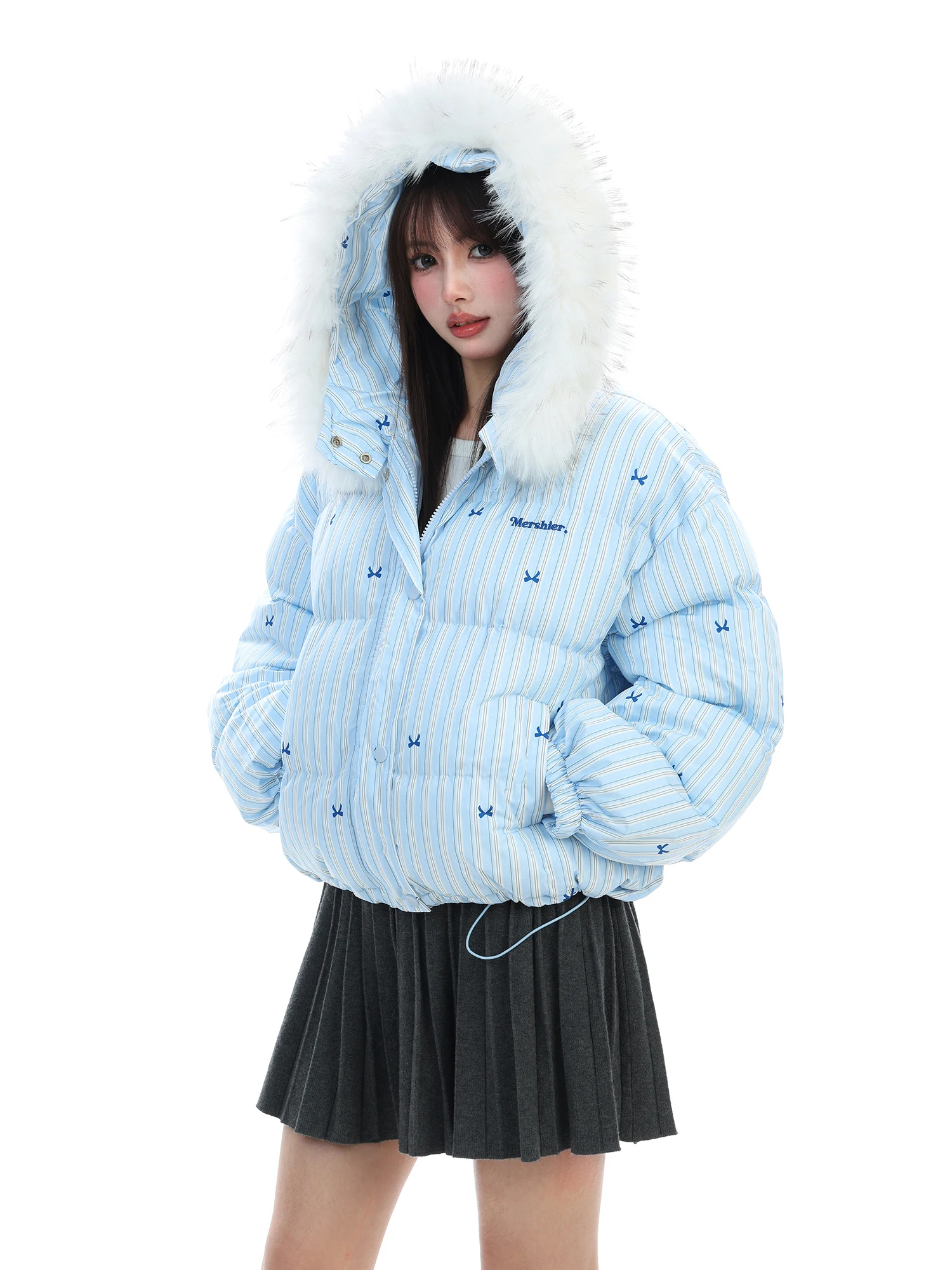 

Синее хлопковое пальто с капюшоном и меховым воротником-бантом, женское, теплое, в японском стиле, свободного кроя, зимнее