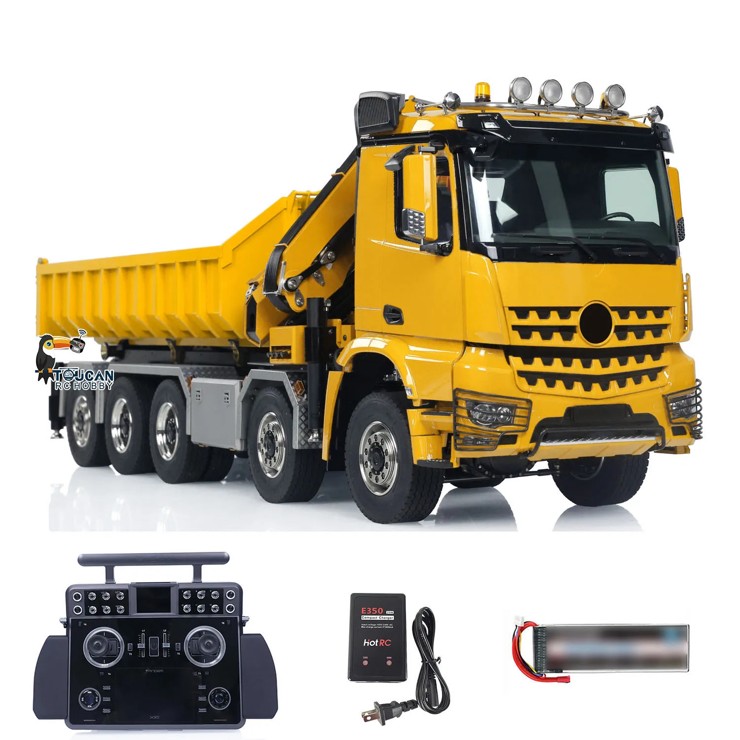 Metal 1/14 Hydraulic RC Dumper Car 10x10 Full-dump Crane Truck Rear Axle Lifting Sound Light Tipper Car Model Gift THZH1834