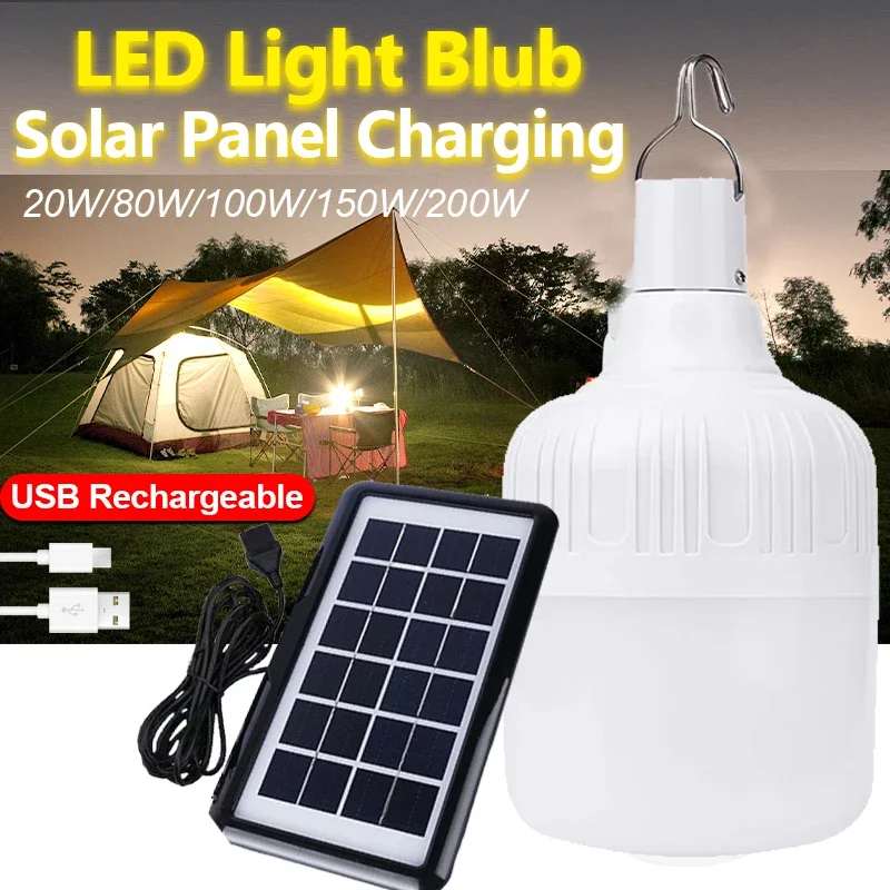 20W-200W Powered Lamp with Solar Energy Panel Portable LED Bulb Lights Rechargeable Hanging Camp Tent Night Fishing Emergency