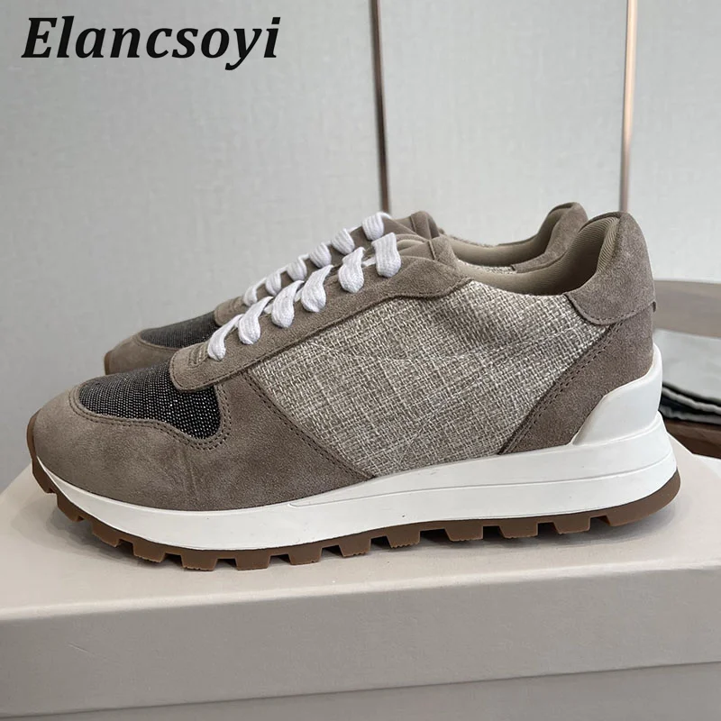 Casual Sneakers Women Lace Up Patchwork String Bead Flat Shoes Spring Autumn Thick Sole Breathable Daddy Shoes Running Shoes