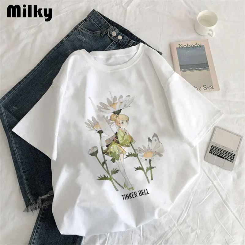 Summer Women\'s T Shirt Fairy Style Hiphop Cartoon Tinker Bell Short Sleeved T-shirt  Women Ins Top Y2k Vintage Oversized T Shirt