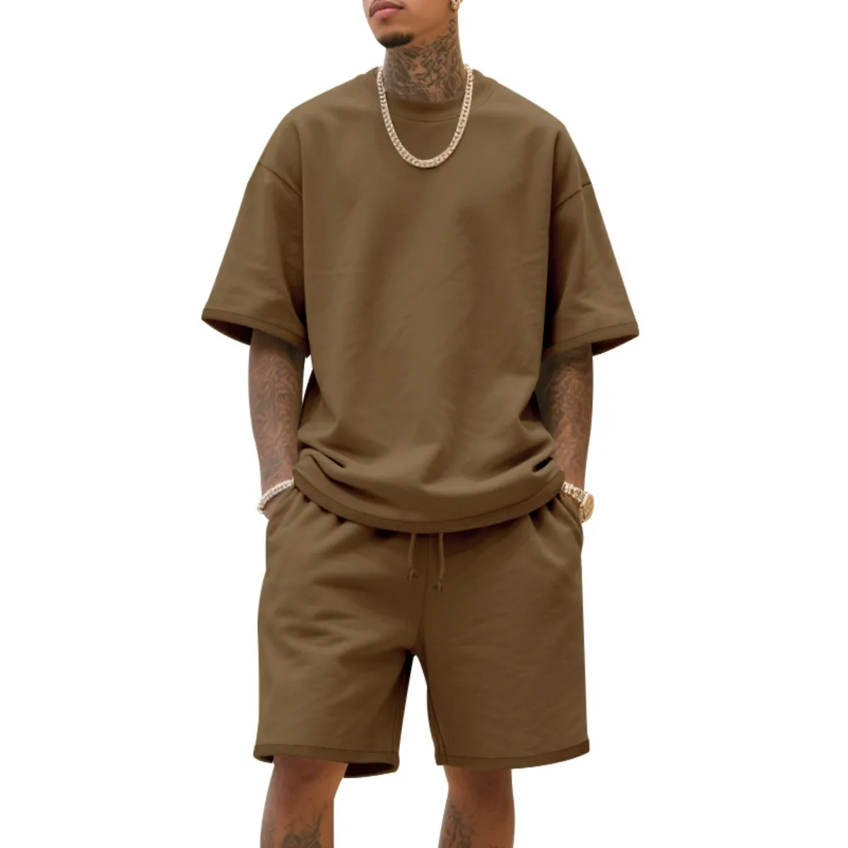 2025 100% algodão masculino verão estilo americano solto high street hip-hop esporte conjunto de manga curta com shorts