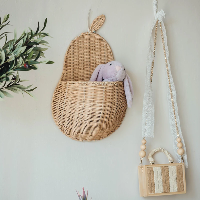 Wall Hanging Storage Basket Rattan Braided Pear Shape Woven Basket Home Decoration Handmade Pastoral Flower Basket Wall Decor