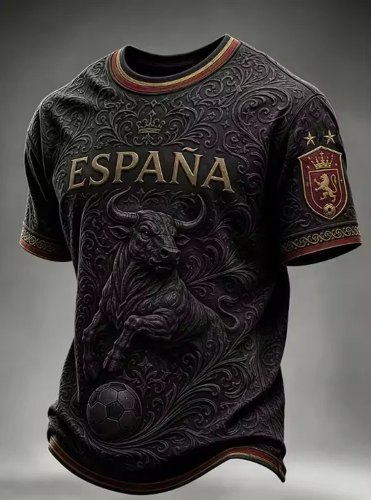 3D Printed Spain 2026 Soccer Jersey Red Navy Raglan Sleeves Decorative Bull Graphic Espana Two Stars Top