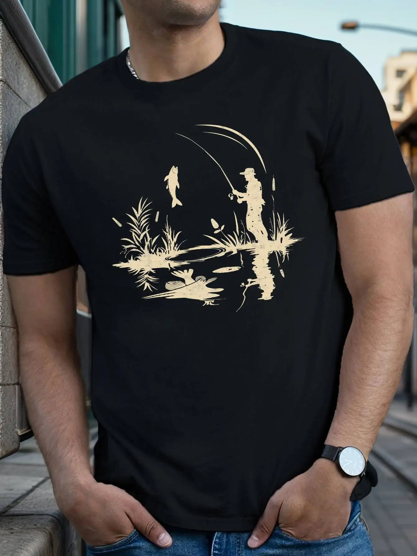 

Mens Fisherman Silhouette Printed T-Shirt Casual Crew Neck Tee with Slight Stretch Geometric Fishing Rod Pattern