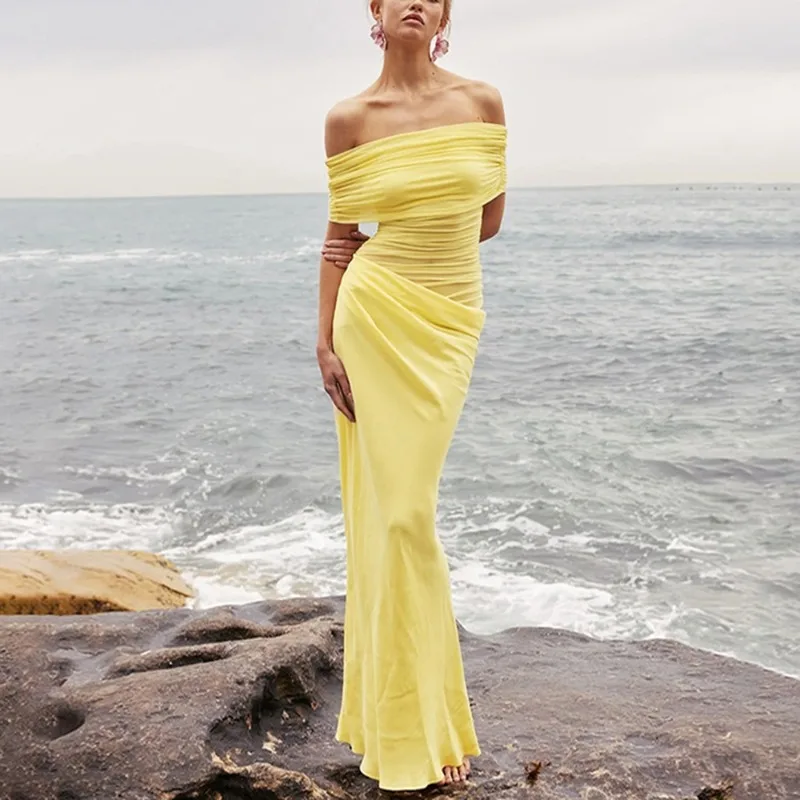 

Поп-элегантное длинное платье на одно плечо, женское сексуальное прозрачное вечернее платье без бретелек, однотонное длинное платье без рукавов, халат