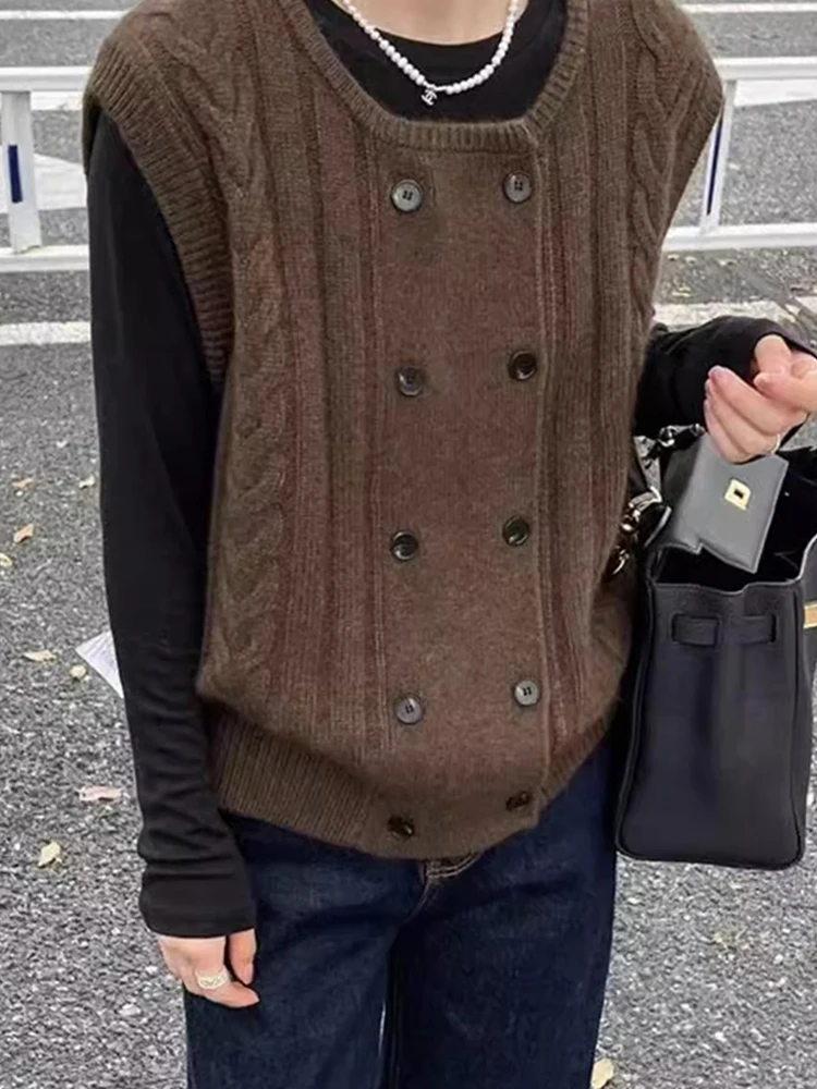 เสื้อกั๊กถักแบบกระดุมสองแถว เสื้อคลุมคาร์ดิแกนแบบเปิด ทรงหลวม สไตล์ต้นฤดูใบไม้ร่วง พร้อมแผ่นเสริมไหล่ แฟชั่นทันสมัยสำหรับผู้หญิง