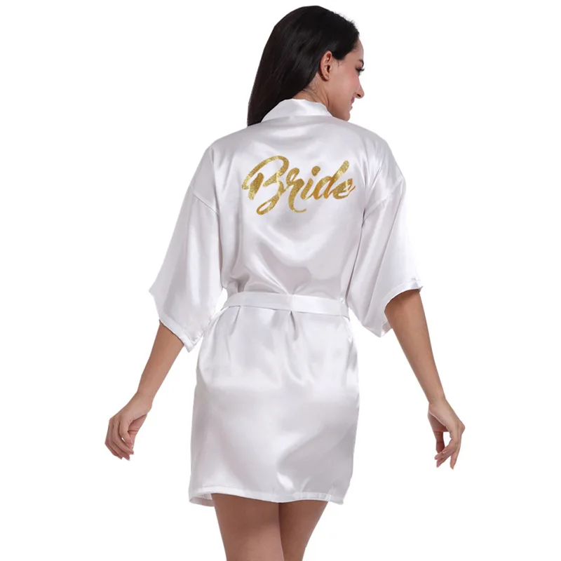 Satin Bride and Bridesmaid Silk Wedding Designer Bathrobe Short Robe with Gold Glitter For Gift