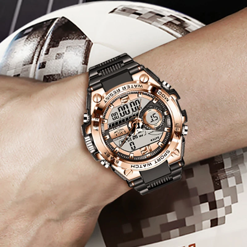LIGE جديد فاخر كوارتز ساعة مزدوجة كبيرة الرجال موضة عسكرية الرجال ساعة رقمية عادية الأعمال الرياضية مقاوم للماء كرونوغراف الذكور #5