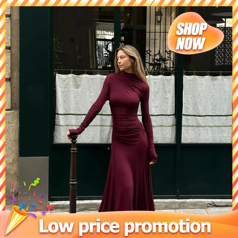 Retro Red Half High Neck Fold Hem Dress Women Elegant Full Sleeve A-line Slim Long Dresses 2024 Lady New Chic High Street Robes