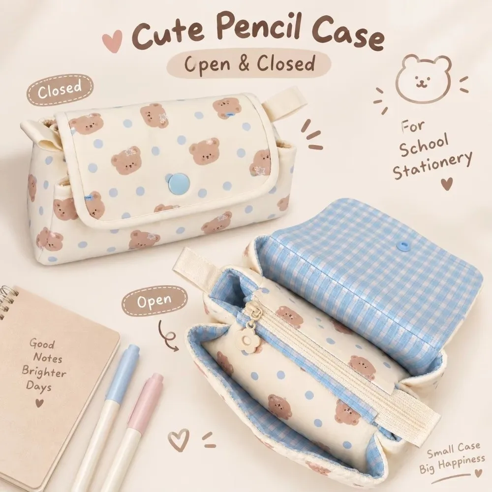 Cute Multi-Layer Pencil Pouch Button-closure Large Capacity Pen Bag Lightweight Bear Printed Pencil Case School Supplies