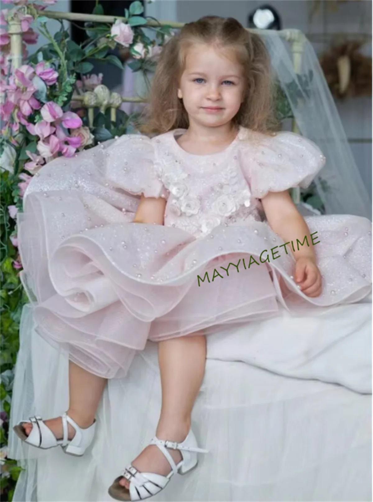 Blush Baby Girls Birthday Party Gown with Bow Floral Lace Pearls Flower Girl Dress Knee Length First Communion Dress 12M 24M