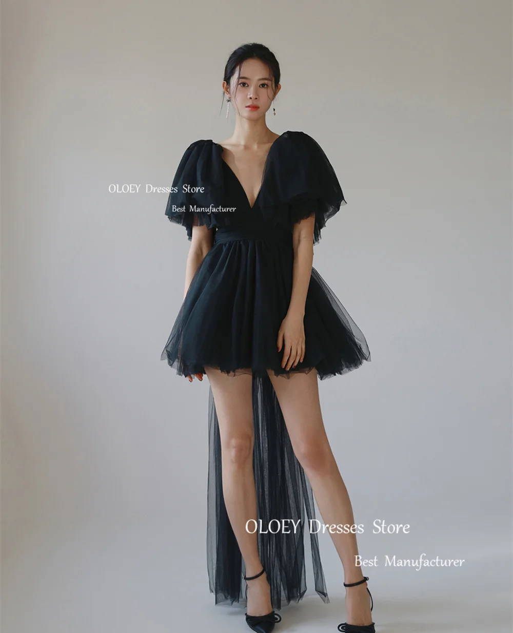 OLOEY Sexy V-Neck Strapless Black Prom Dress Evening Gown Korea Tulle Bow Long Sashes Wedding Party Dress Photoshoot Above Knee