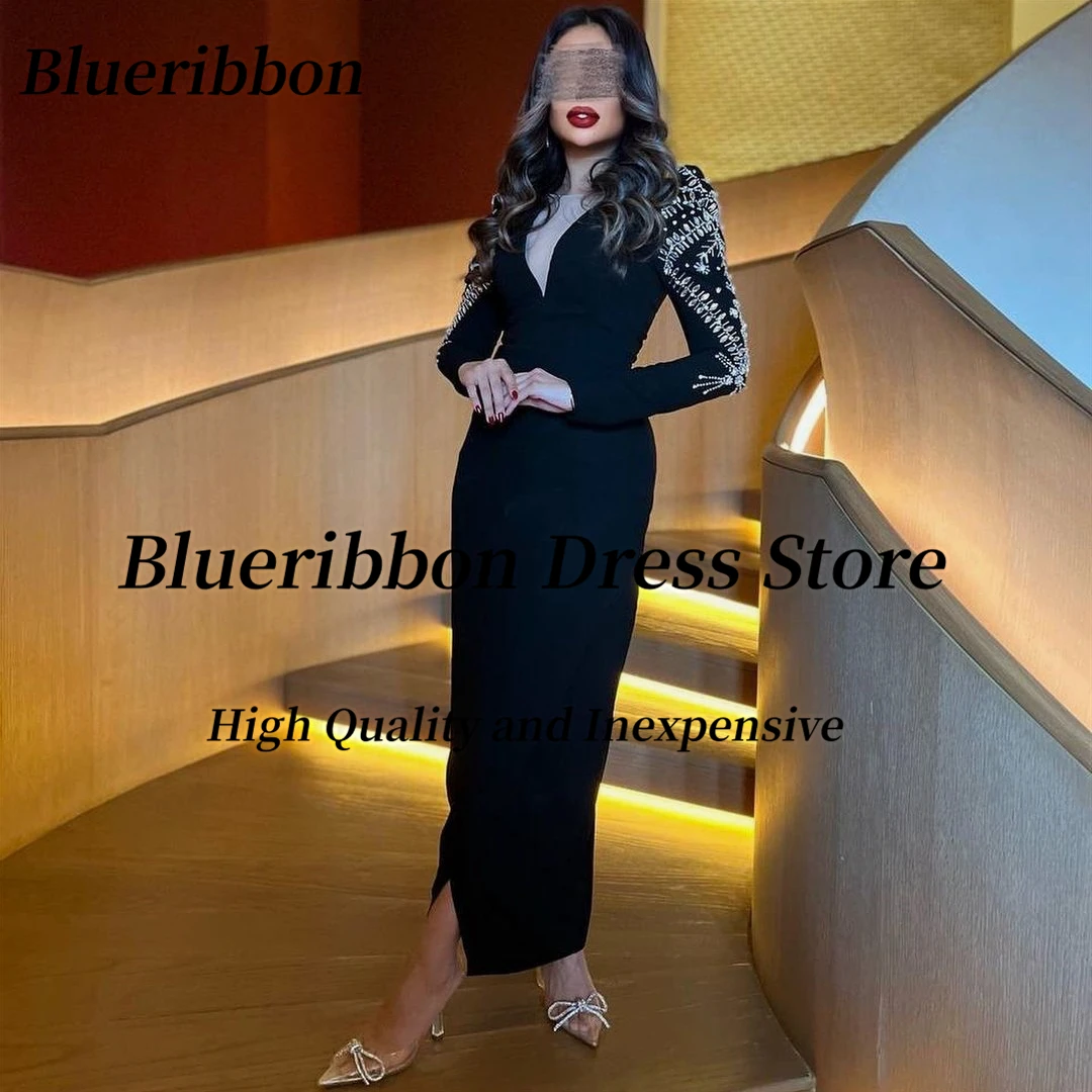 Blueribbon Black Ankle Length Dresses for Evening Banquet Sheer V Neck Bead Crysrals Long Sleeves Prom Dress Saudi Arabia Party