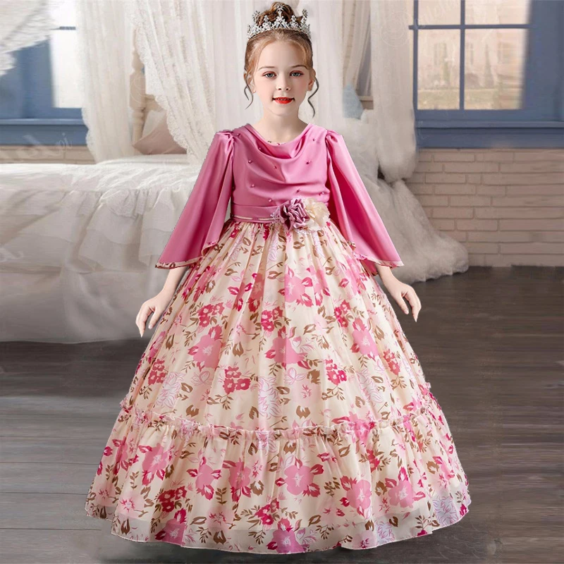 Girls\' chiffon retro princess dress 4-12 years old flower embroidery long dress banquet host fashion high-end performance dress