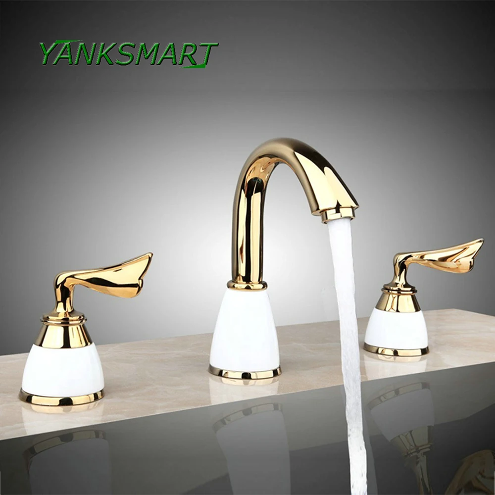 

YANKSMART 3 pcs White Gold Bathtub Shower Faucet Set Double Handles Control Deck Mount Waterfall Basin Faucet Mixer Water Tap