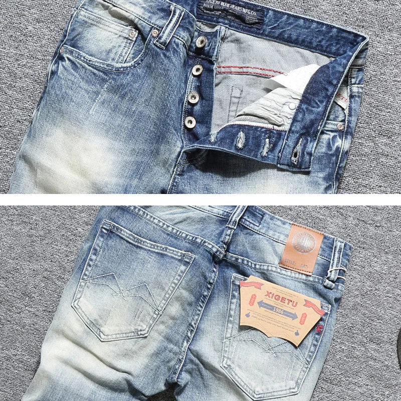 مصمم أزياء الرجال الجينز عالية الجودة الرجعية الضوء الأزرق تمتد سليم صالح ممزق الجينز الرجال أزرار Y2K خمر الدنيم السراويل أوم #5