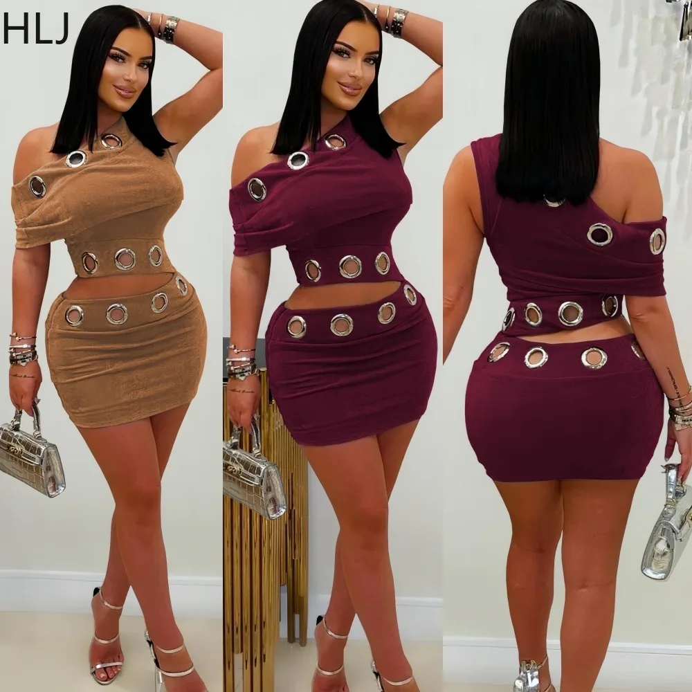 

HLJ Fashion Hollow-out Patchwork 2 Pieces Set for Woman Off Showlder Backless Crop Top and Skirt Matching Female Streetwear New