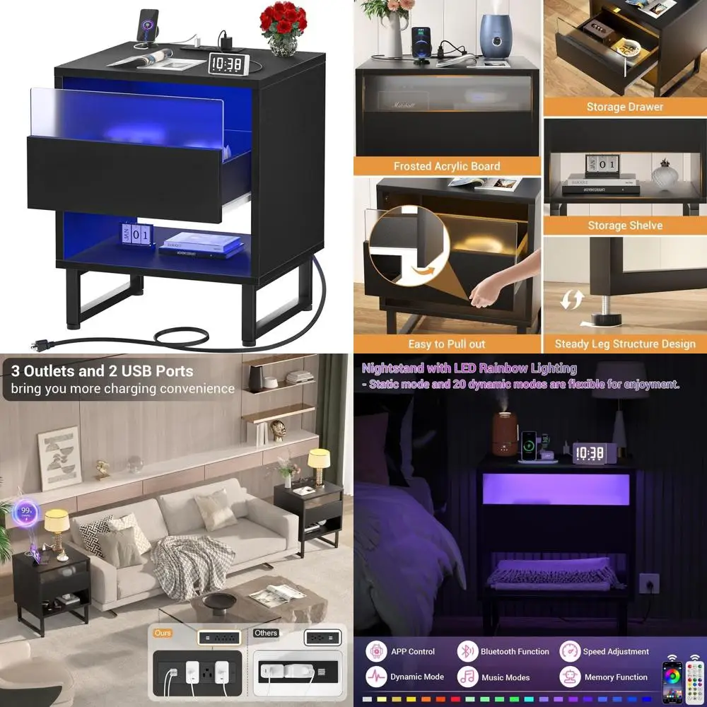 

Современная тумбочка со светодиодной подсветкой и зарядкой, розеткой и ящиком для спальни и общежития, 18,89x15,74x21,25