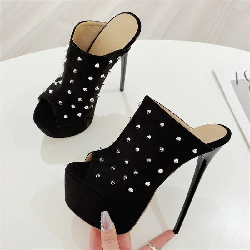 

Eilyken Sexy Summer Extreme Stiletto High Heels Platform Woman Slippers Design Style Rivet Peep Toe Party Female Shoes