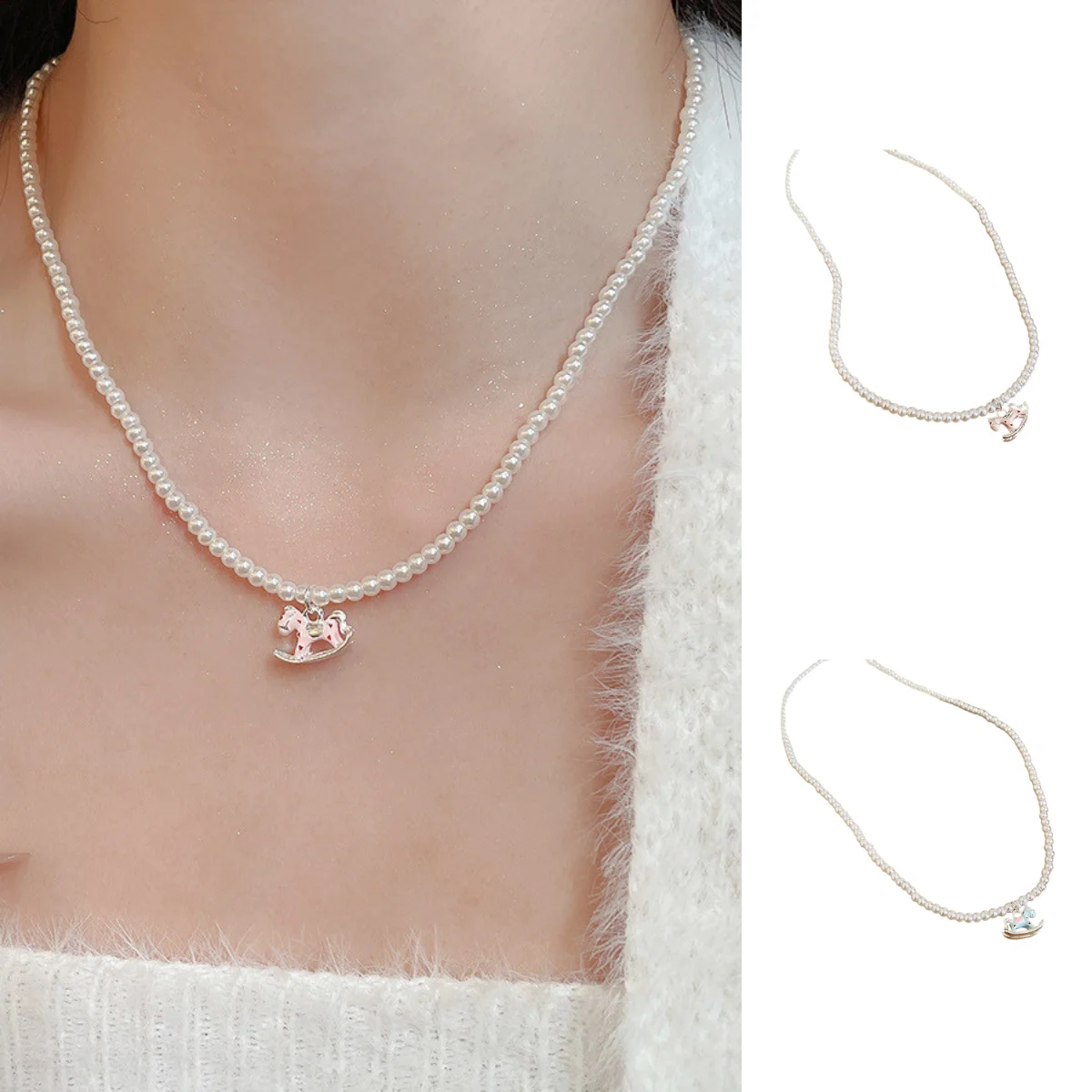 

Drip-Oil Craft Mini Horse Pendant Pearl Necklace Retro Cute Elegant Choker Necklace Luxurious Sophisticated Neck Accessory Gift