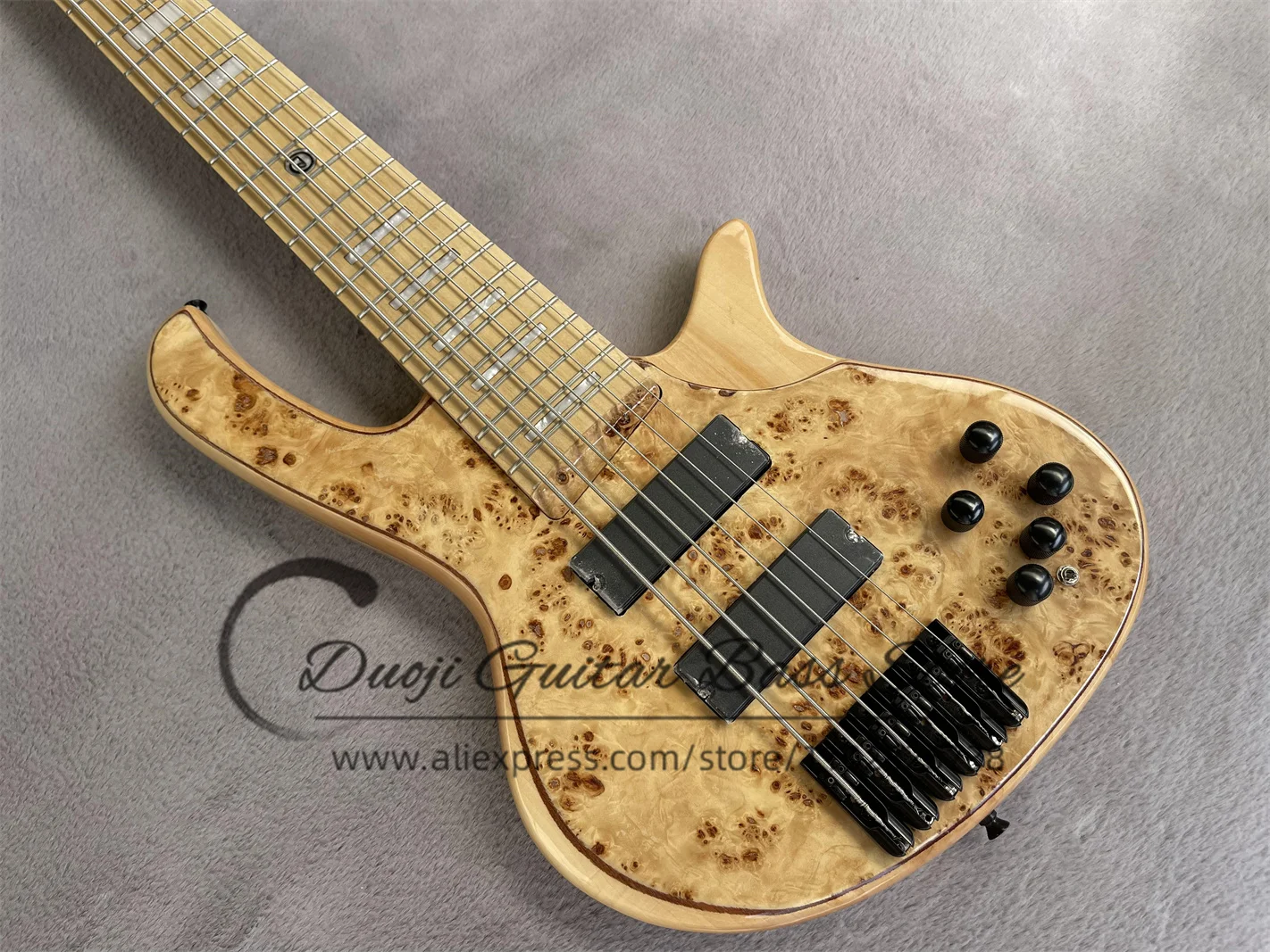 6 String Bass Guitar Ash Wood Wody Tree Burl Top Maple Fingerboard Active Battery Independent Bridge Black Tuner deL Bass