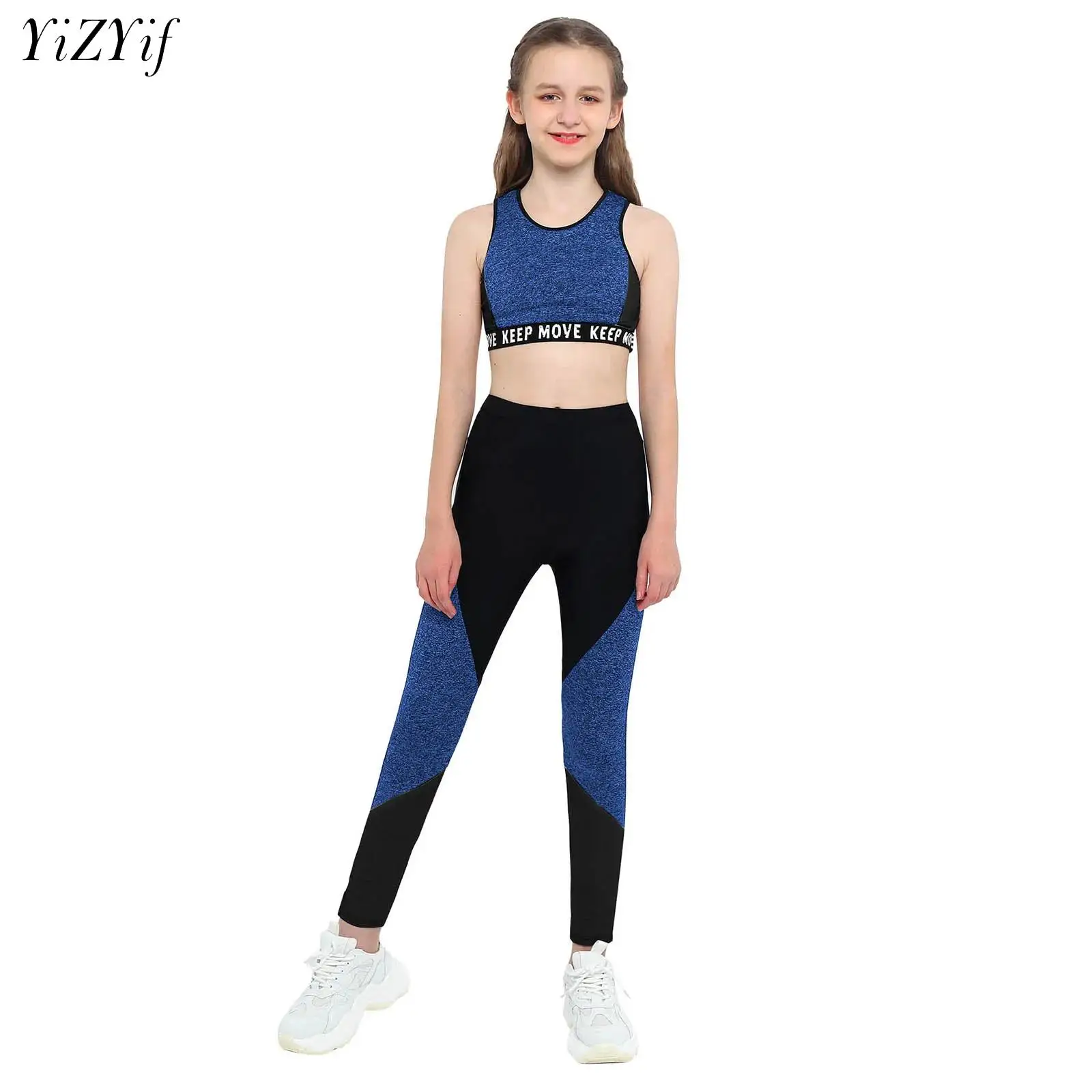 Kids Girl Two Piece Yoga Sports Suit Wide Shoulder Straps Crop Tops with Athletic Leggings Clothes Set Workout Tracksuit Outfits