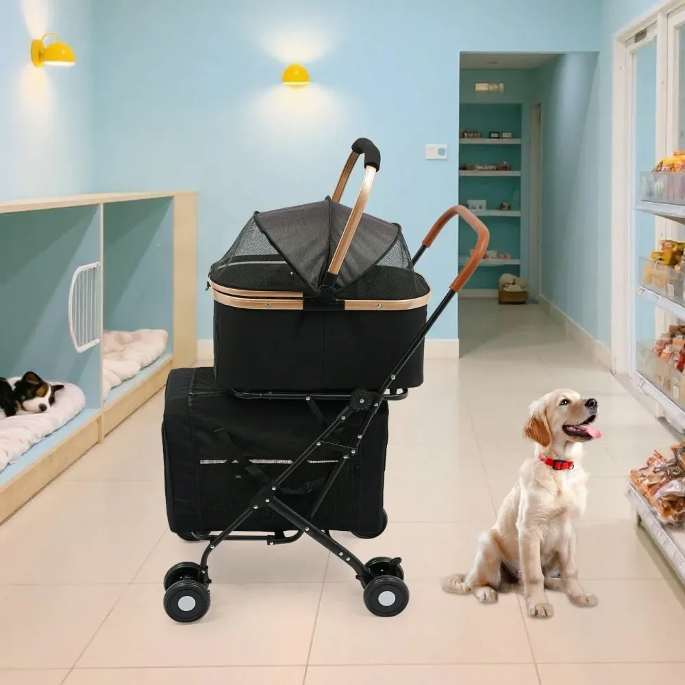 

Pet Stroller With 2 Detachable Carrier Bags, 4 Lockable Wheels, Folding Cat Dog Stroller For Small Medium Pets, Cats Dogs Puppy