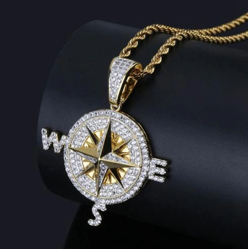 Iced Out Bling Compass Lucky Star Pendant Necklace Men Women Trending Hip Hop Sailor Traveler Jewelry Gift