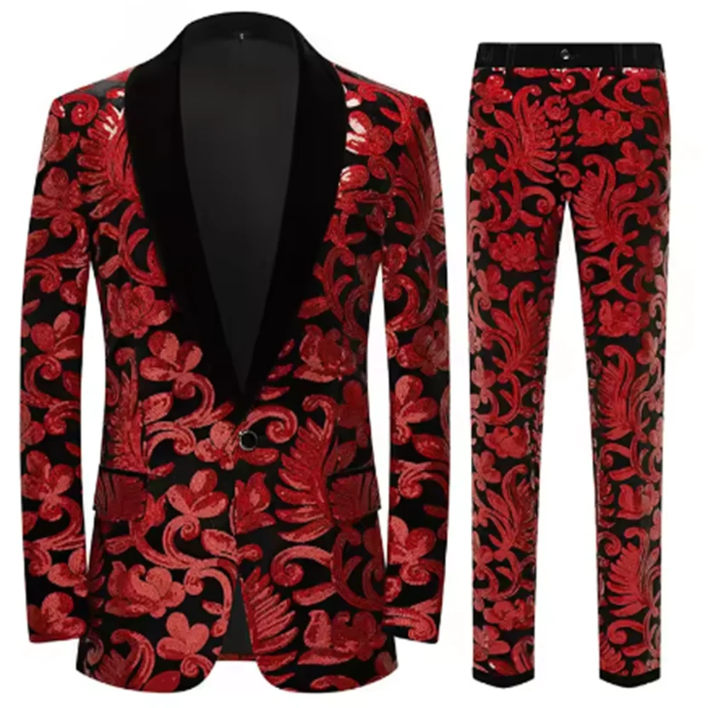 

Модные мужские свадебные костюмы для жениха, фиолетовые блестки, бархатный пиджак с цветочной вышивкой, брюки, комплект для банкета, выпускного вечера, платье-смокинг, наряд