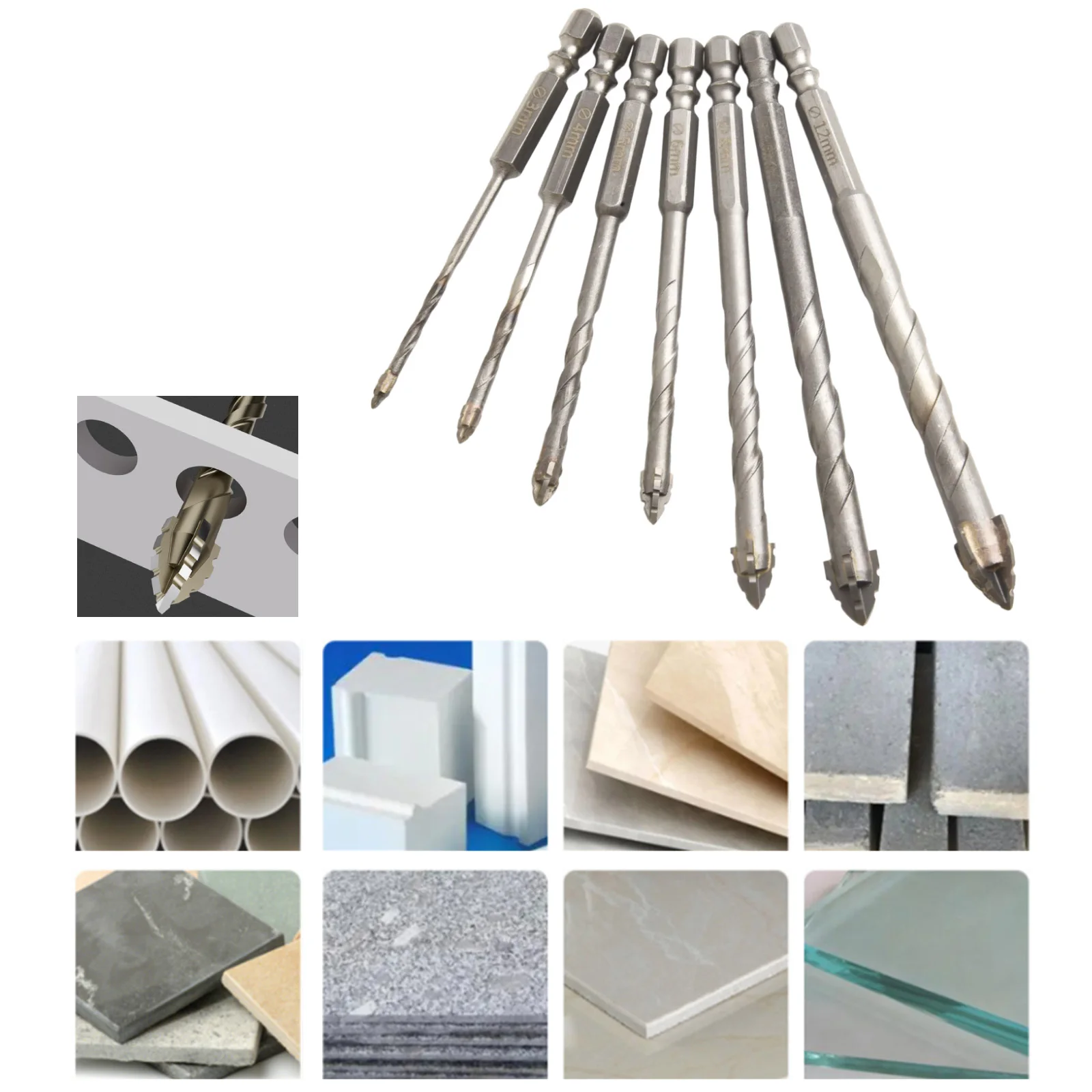

7PCS Four-Flute Serrated Eccentric Drill Bit Glass Tile Punching Rock Slab Triangle Drill Bit For Ceramic Concrete Dry Drilling