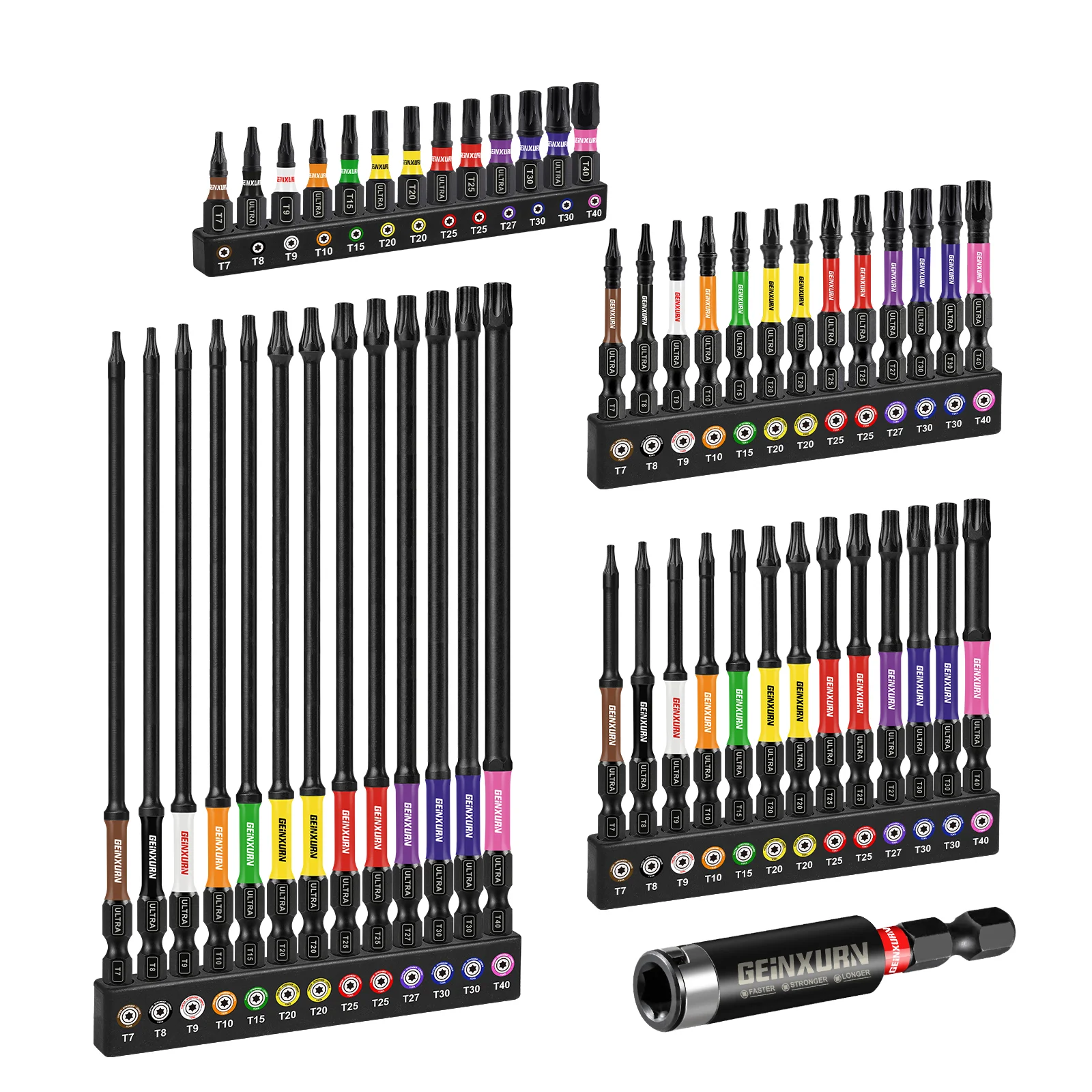 

Geinxurn 53Pcs Magnetic Torx Bit Set (T7-T40),S2 Steel 1/2/3/6'' Long Extension Multi Star Driver Bits with Color Coded Base