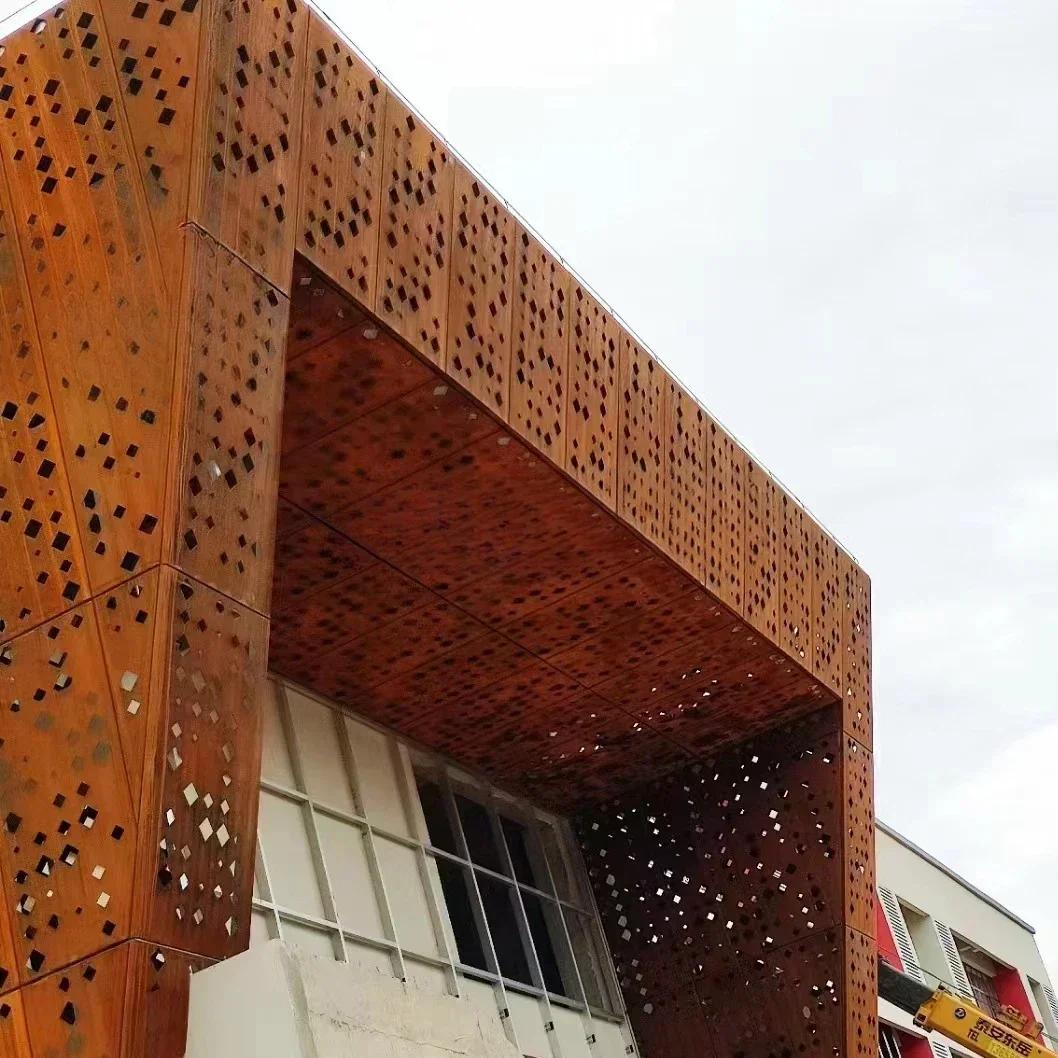 Corten Steel Facade Curtain Wall Building Decorative Screen Partition Perforated Metal Facade rust Cladding Panel