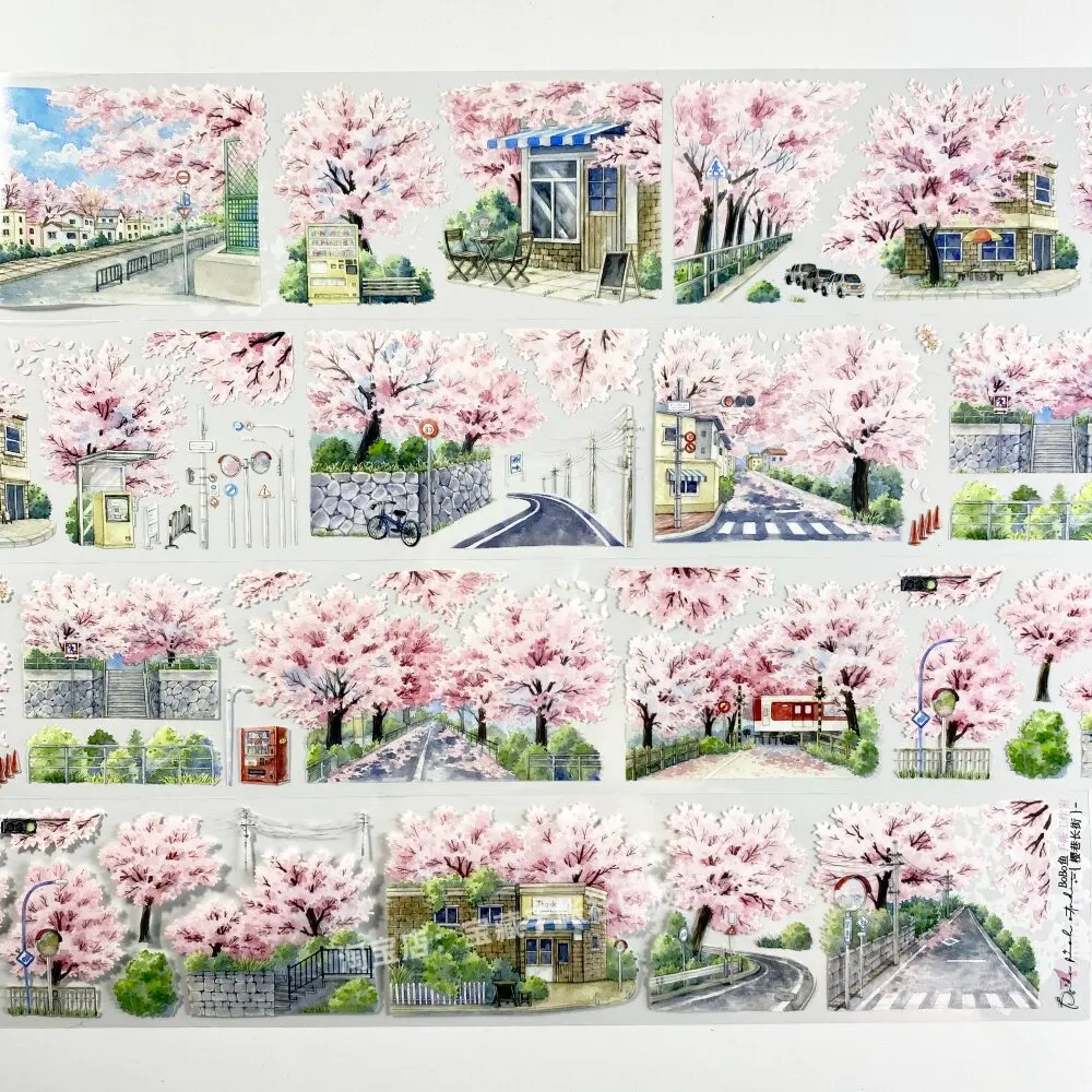 Cherry Blossom Street PET Tape Sample, BOBO Fish Decorative Sticker for Journal Scrapbooking DIY Craft