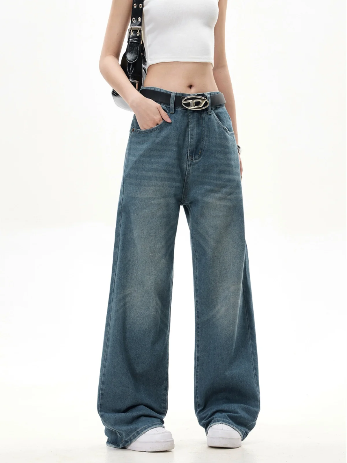 

Мужские джинсы с низкой посадкой, синие, летние, свободные, прямые, в пол, в американском ретро-стиле, молодежные, модные