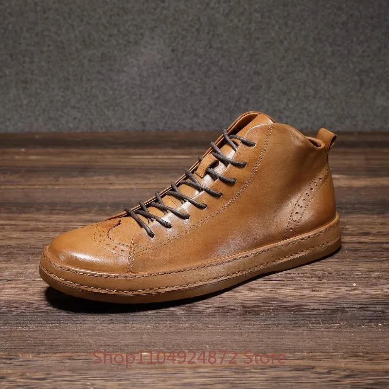 Handmade Genuine Leather High Top Men's Shoes Retro Casual Derby Breathable Outdoor Sport Ankle Boots Man Chelsea Boots