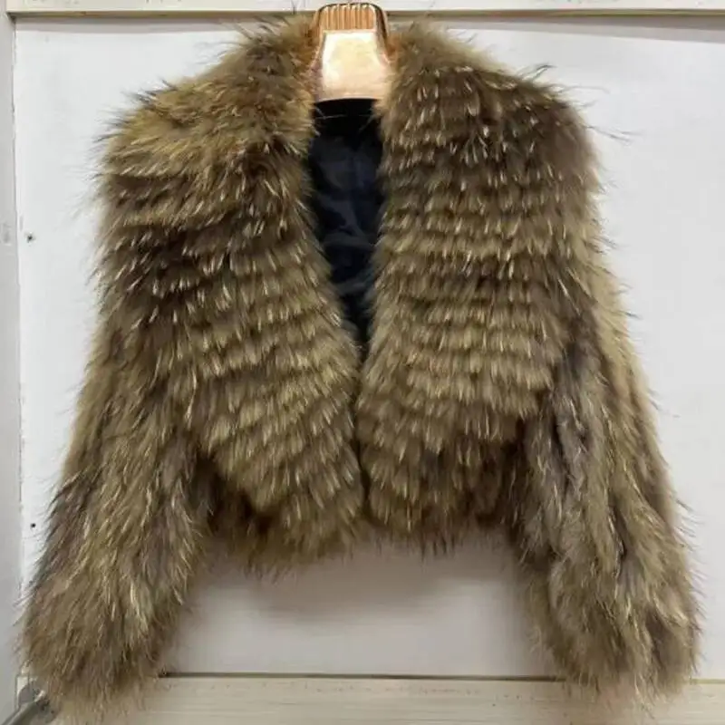 

100% Natural Raccoon Braided Big Lapel Short Fur Coat Knitted Fashion Ladies Cardigan