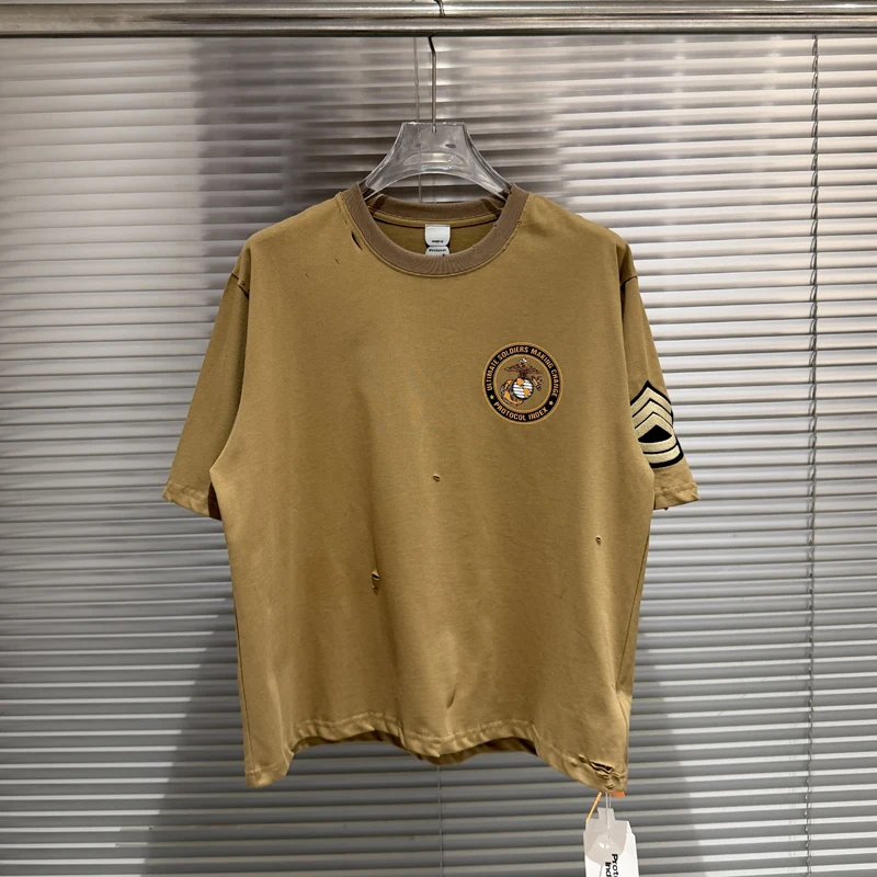 Protocol Index T-shirts Real Photo Double Headed Eagle Embroidered Badge Letter Print Vintage Short Sleeved Tee