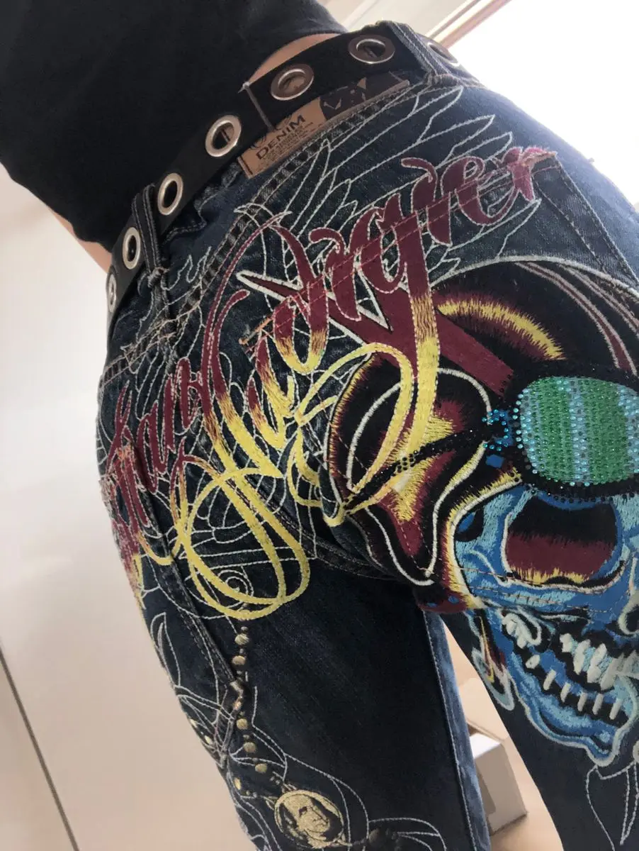 

Vintage Skull Diamonds Jeans Gothic Casual Denim Pants High Waist Straight Wide Leg Jeans Harajuku Y2k 2000s Women Clothing