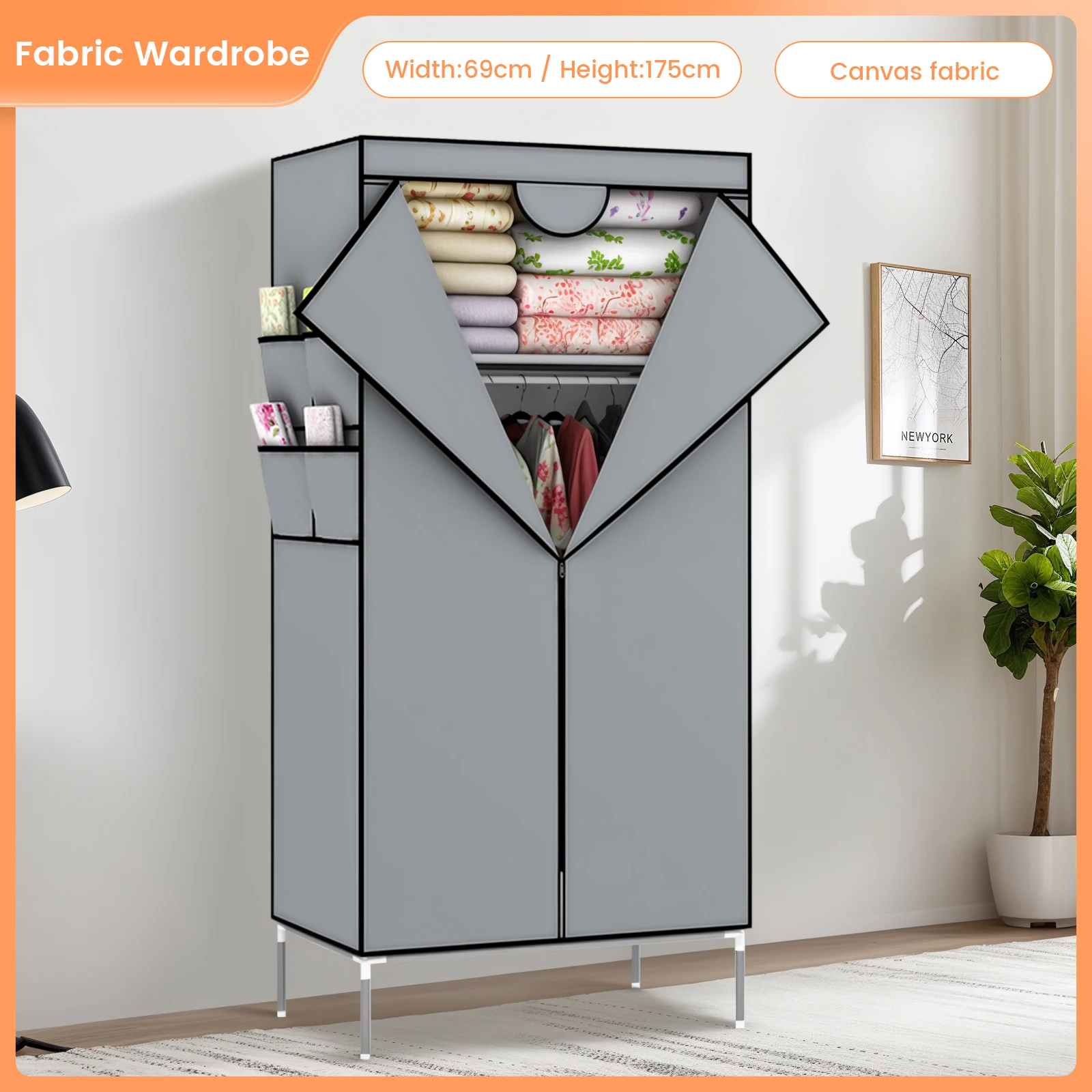 single Fabric Wardrobe Storage with Hanging Rail+Storage Shelves,Portable Fabric Storage Cupboard,Great Foldable wardrobes