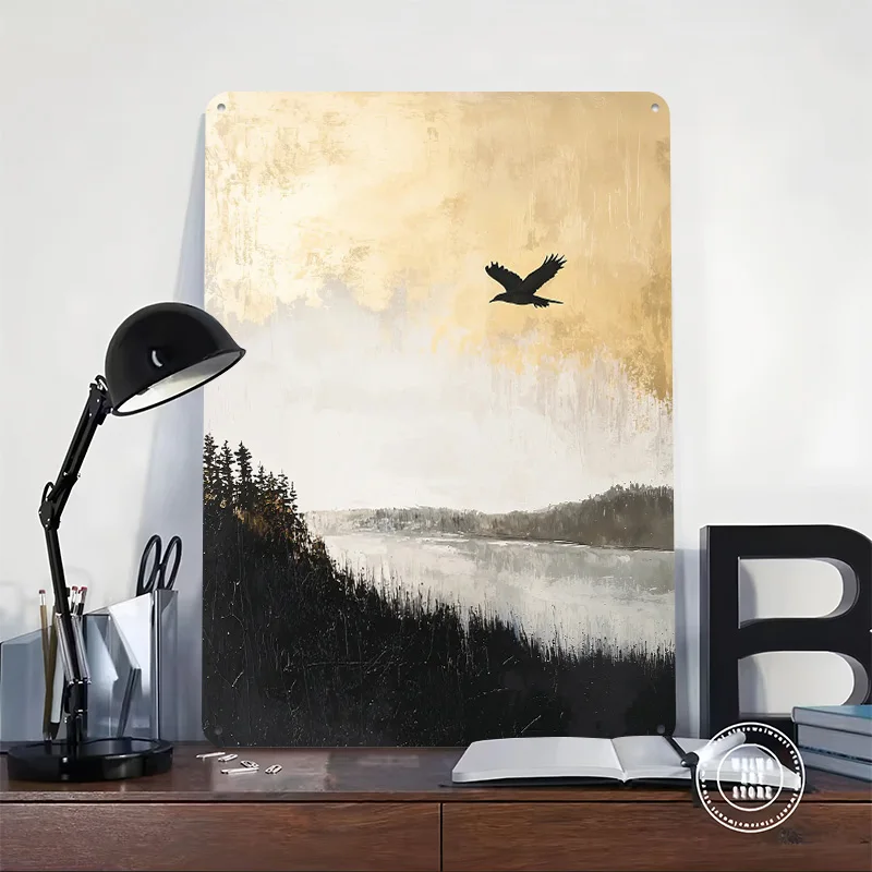 Raven Over Water Metal Poster Custom Wall Art Retro Vintage Tinplate Signs for Man Cave Interior Decoration Living Room House