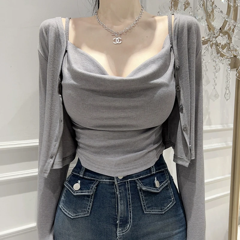 Fashionable Sexy Pleated Crop Top And Short Cardigan Set Women's Tight Fit Strap Vest Summer New Arrival Qiji Brand