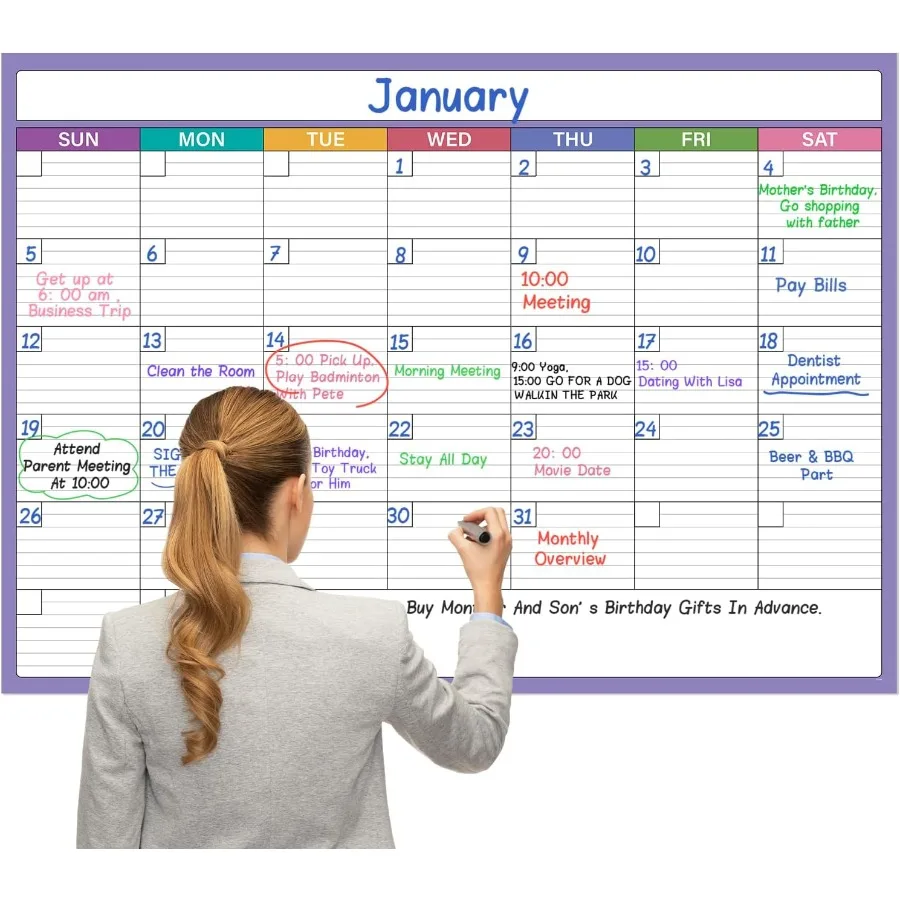 Duży kalendarz suchościeralny na ścianę - 101 cm x 71 cm, wymazywalny i wielokrotnego użytku, laminowany kalendarz bez dat, kalendarz miesięczny na ścianę, 10 okrągłych naklejek