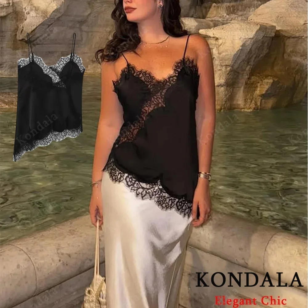 

KONDALA сексуальные топы на бретельках женские кружевные бейки с рюшами асимметричный подол топ на бретельках 2025 модный весенне-осенний сексуальный топ для гостей на свадьбу