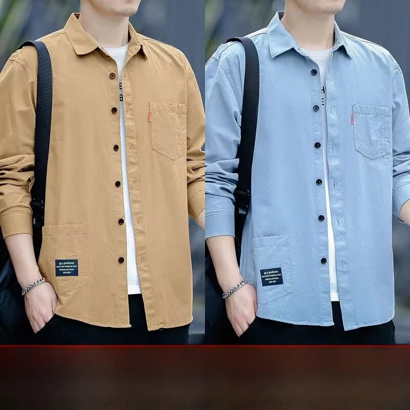 

Мужская повседневная рубашка с длинным рукавом в рабочем стиле, модная весенне-осенняя верхняя одежда из искусственной кожи, свободный крой, стандартной толщины, на все сезоны