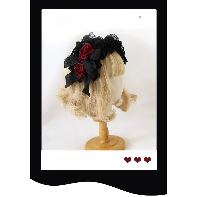 오리지널 블랙 앤 레드 레이스 로리타 헤드피스 인형 스타일 리본 팔찌 KC 고딕 로 마더 할로윈 헤어 액세서리