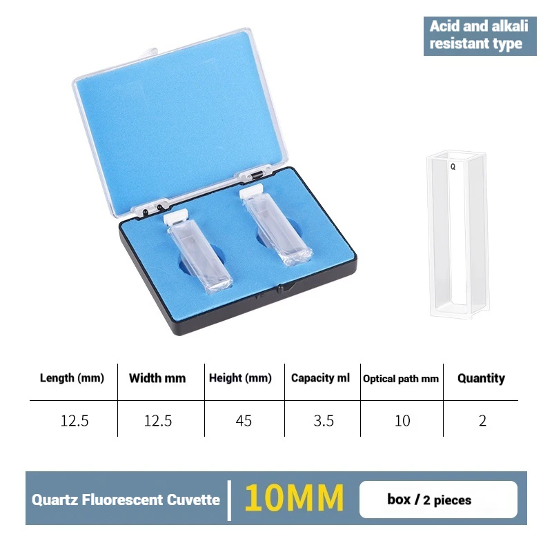 Cuvete fluorescente de quartzo, resistente a ácidos e álcalis, transmissão de luz, espectrômetro de fluorescência, laboratório 10mm-100mm 2 tamanhos